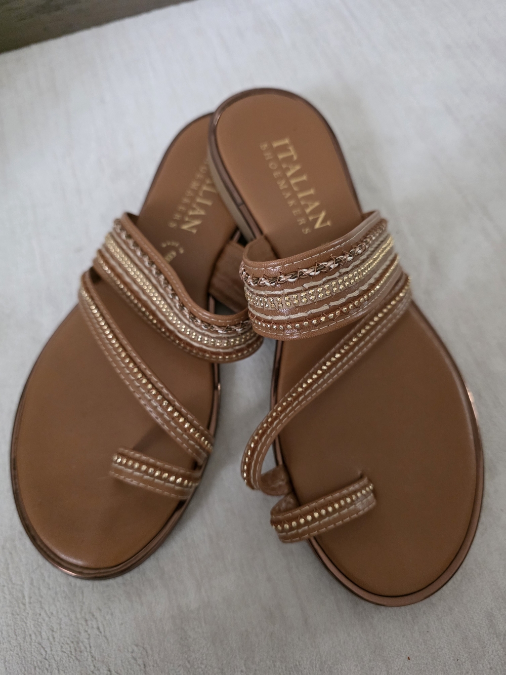 Italian Shoemakers Brown Strappy Jeweled Slide Sandals